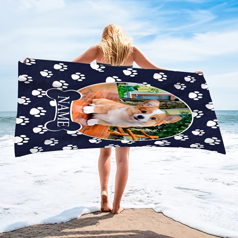 TEMU Custom Photo Beach Towel With Dog And Name, Suitable For Camping, Travel, And Beach Additions, Featuring Super Absorbency And An Extra-large,