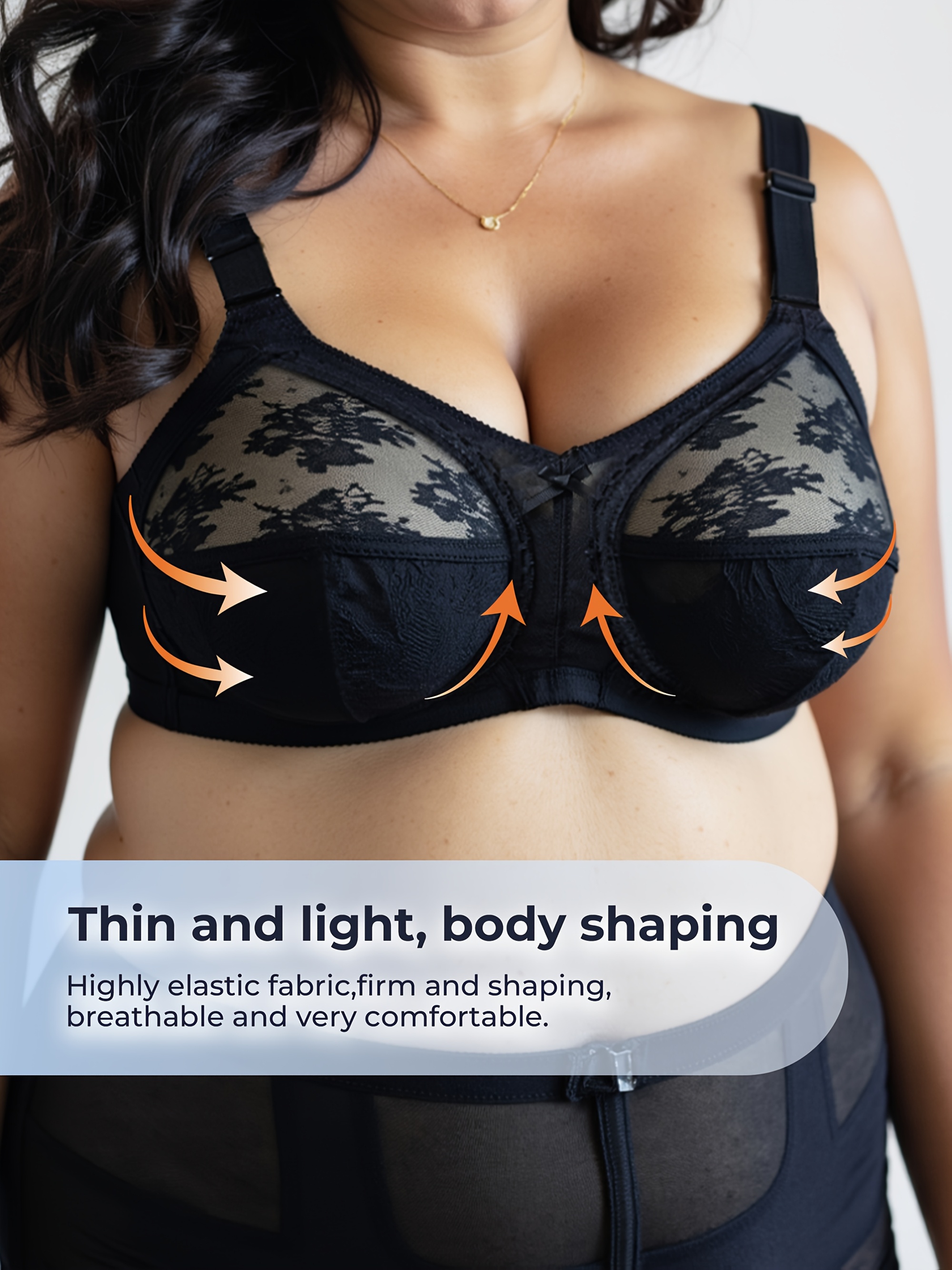 PLUS BRA, Underwire-Free Full Coverage Bra, PUSH UP Bra with Classic Three-Piece Structure in Sheer Fabric, Sexy Contrast Lace, Wide Shoulder Straps, Back Shaping and Side Reduction, 100DD, 105D