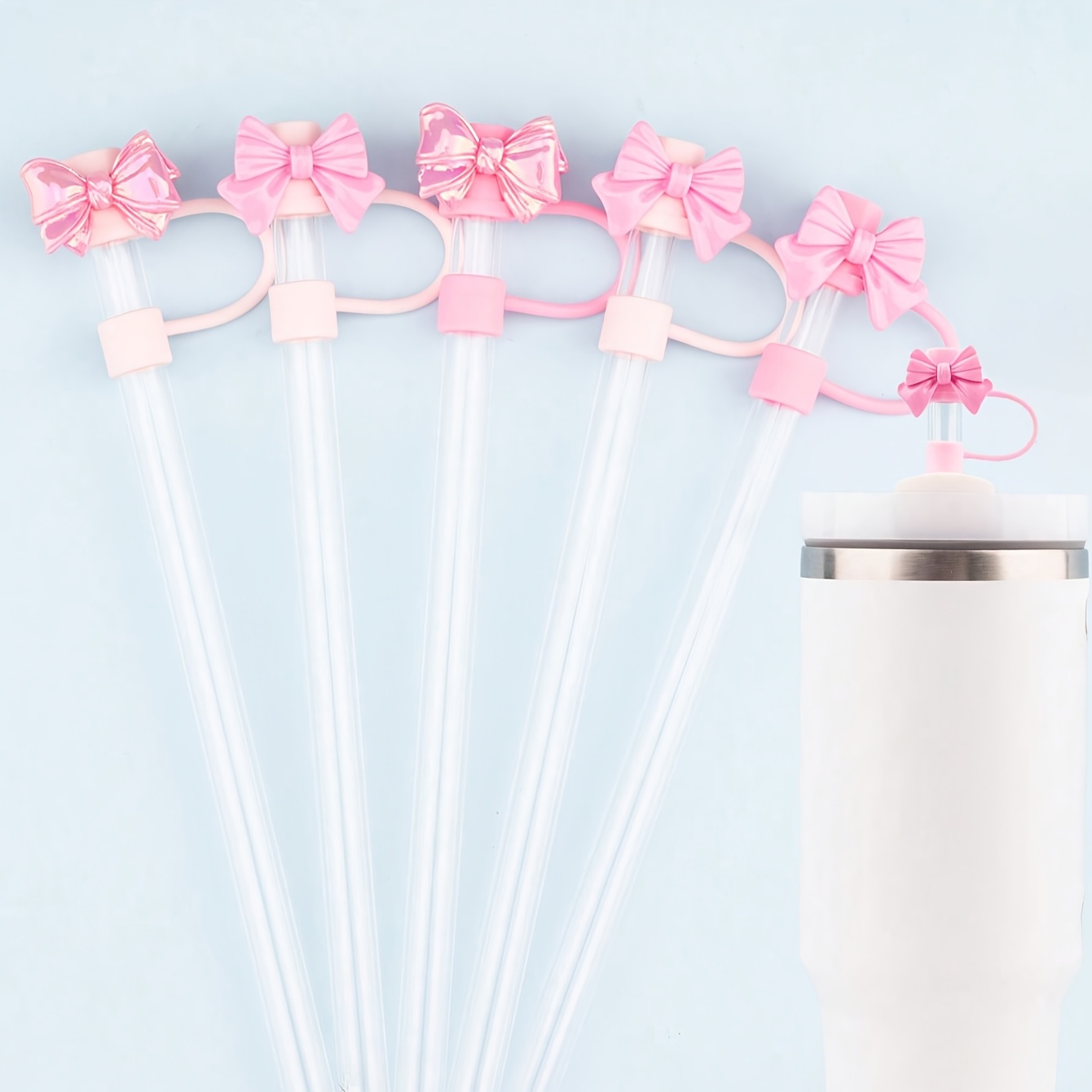 TEMU 5pcs Pink Bow Silicone Straw Covers - Reusable, Fits 10mm Straws - Ideal For Birthday Parties, Daily Use & Business Travel - Perfect Gift For Sports Cup Enthusiasts