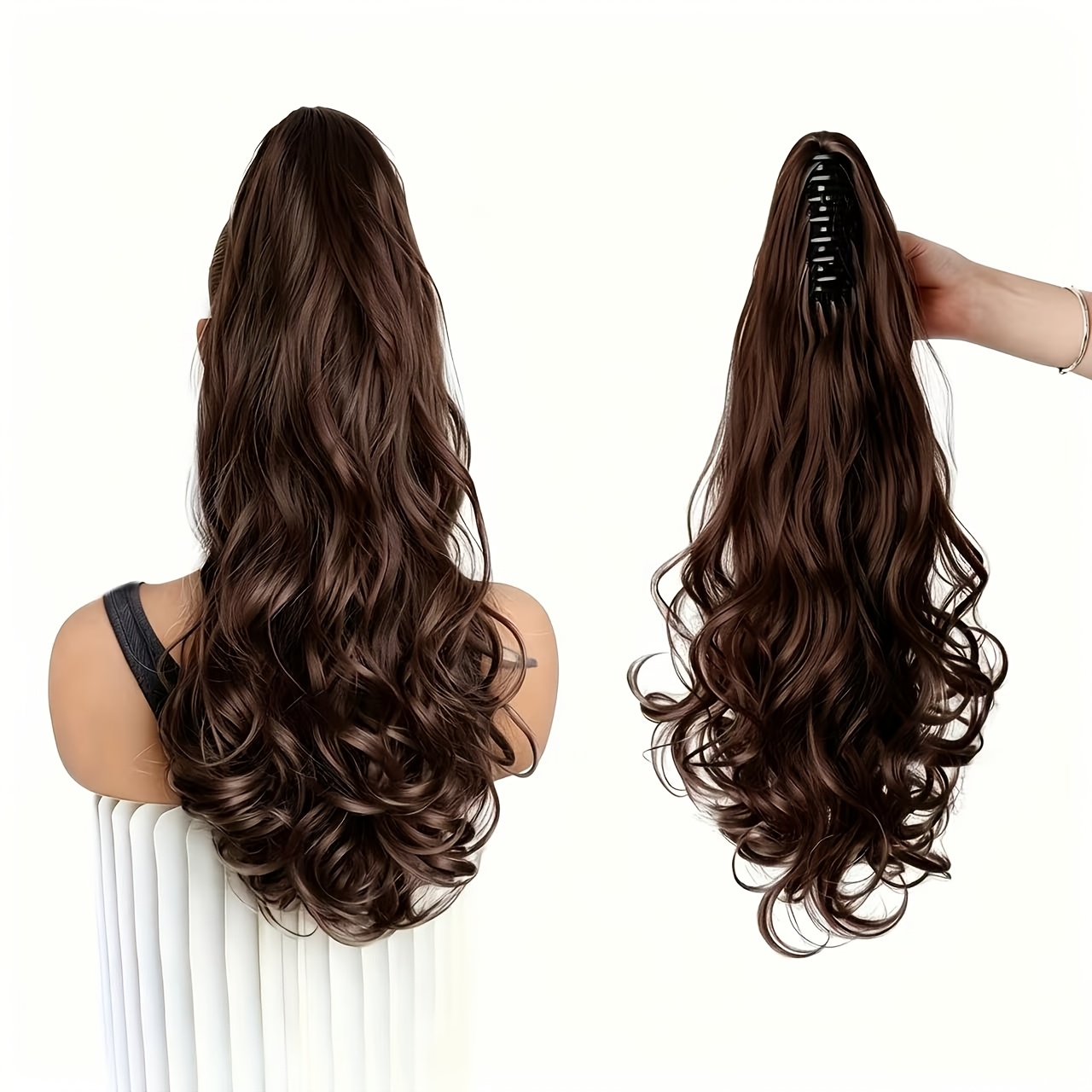 TEMU Wavy Claw Clip Ponytail: 1-pack Clip-in Ponytail Wig, Long Wavy Style, Available In . Made Of Heat-resistant Fiber, Y Smooth And Features