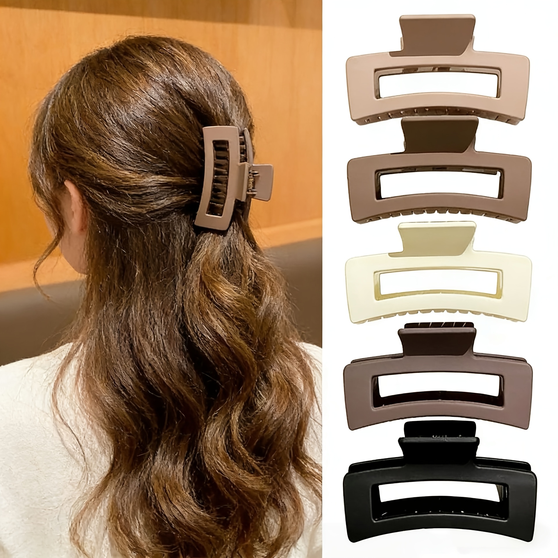 TEMU 5pcs Set Of Brown- Square Hair Clips, Women's Matte Large Size Anti-slip Hair Clips, Large , Non-slip, Warm Tone Matching, Daily Commute Hair