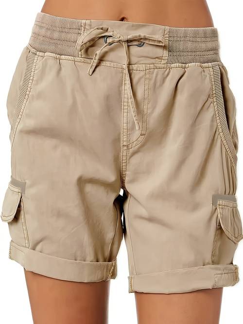 womens plus size black cargo shorts with drawstring waist flap pockets and side casual summer and spring wear durable polyester fabric high waisted shorts