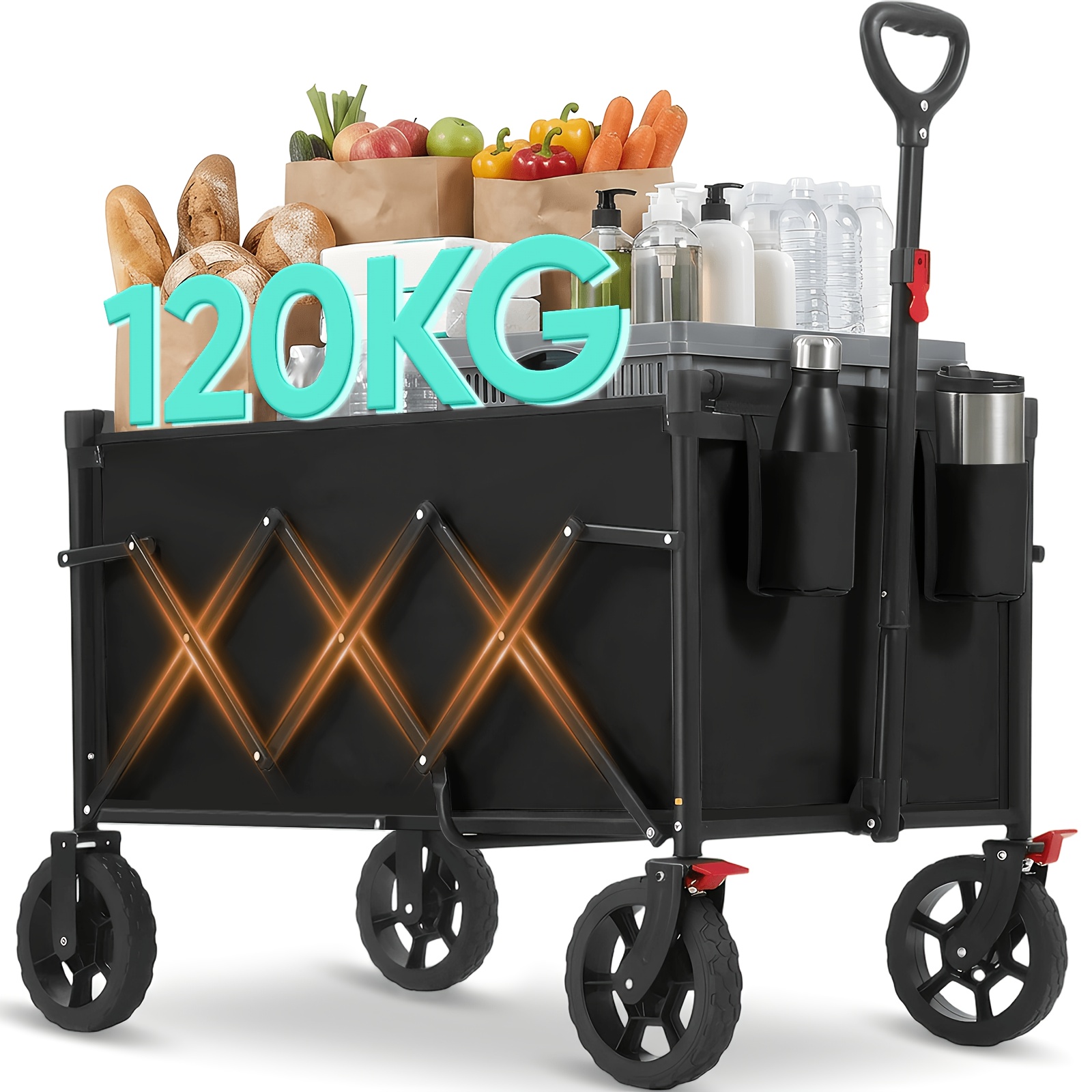 Image of Xl Foldable Handcart 120kg, 120l Foldable Shopping Cart With Brake, Foldable Transport Cart Suitable For Off-road Use, Lightweight Handcart With Adjustable Handlebar