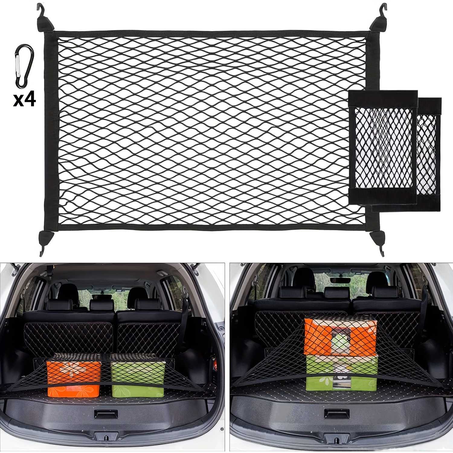 TEMU Filet de rangement extensible pour coffre jusqu'à 140x100cm, inclut 2 sacs de rangement en + 4 mousquetons + 4 crochets en ABS, élastique
