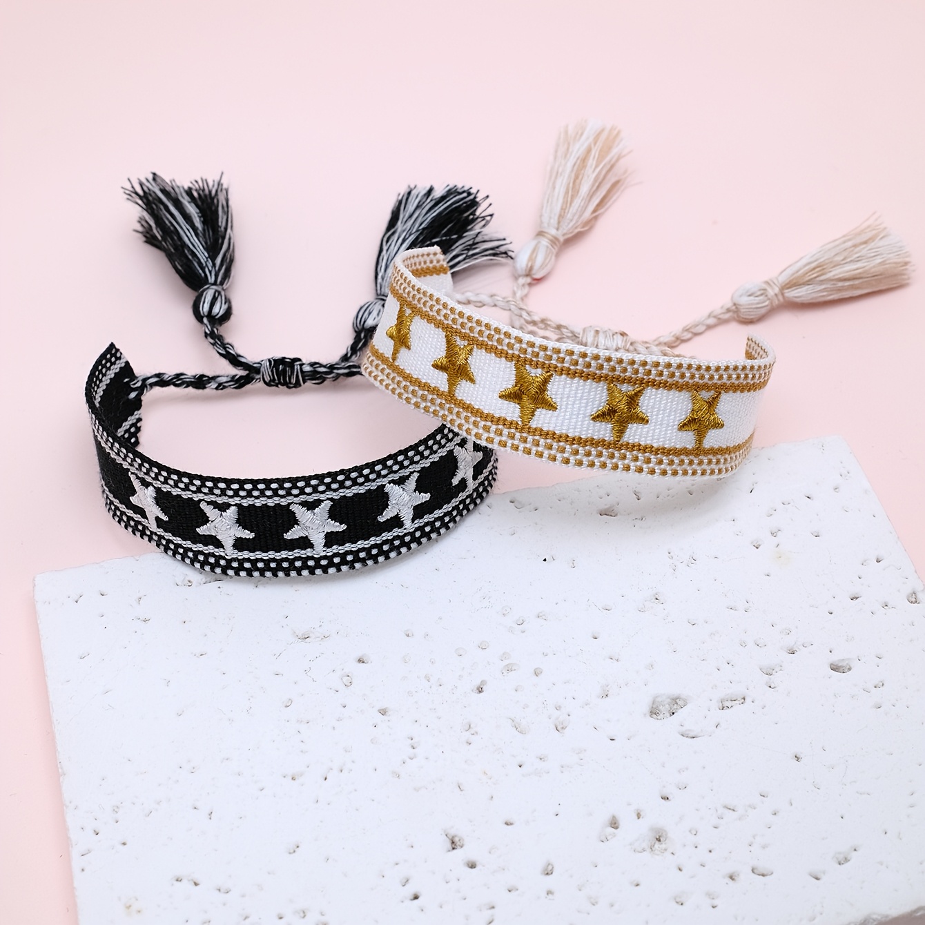Image of 2pcs Couples' Embroidered Star Handmade Braided Boho Vintage Tassel Adjustable Size Wristband Suitable For Couples, , Holiday Parties, Travel, Daily Wear, And Festive
