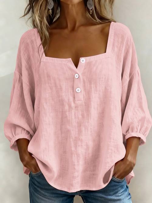 solid color casual square neck puff sleeve shirt for women stylish button half open pullover loose and comfortable top for summer parties and office wear