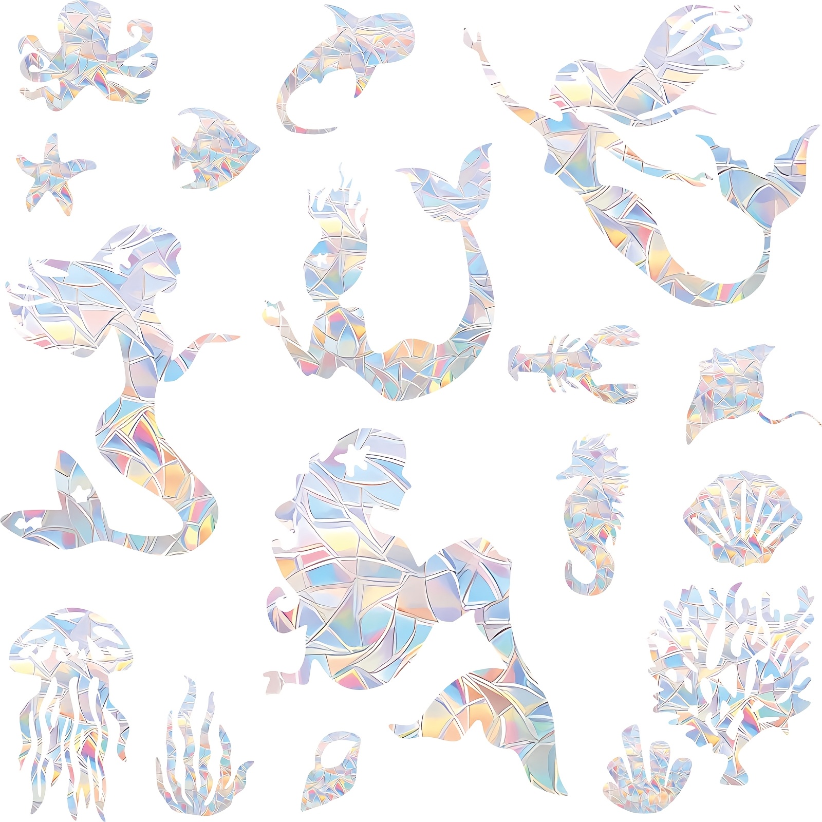 16pcs Mermaid Window Stickers Window Clings Anti Collision Window Decals To Birds From Window Non Adhesive Prismatic Vinyl Window Clings Rainbow Stickers
