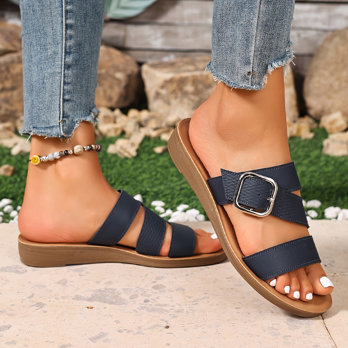 TEMU Summer Casual Minimalist Buckle Versatile Flat Women's Sandals, Women Shoes