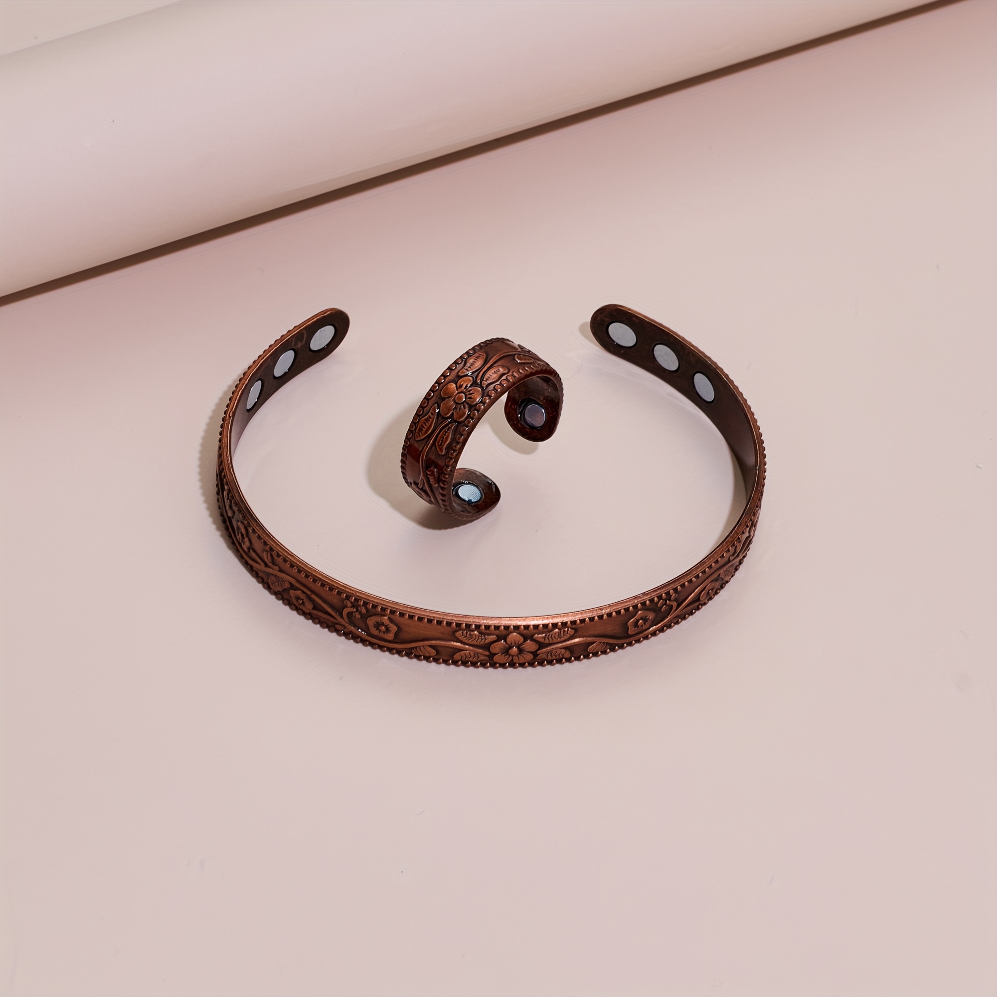 Vintage Copper Flower Bracelet and Ring Set, Adjustable