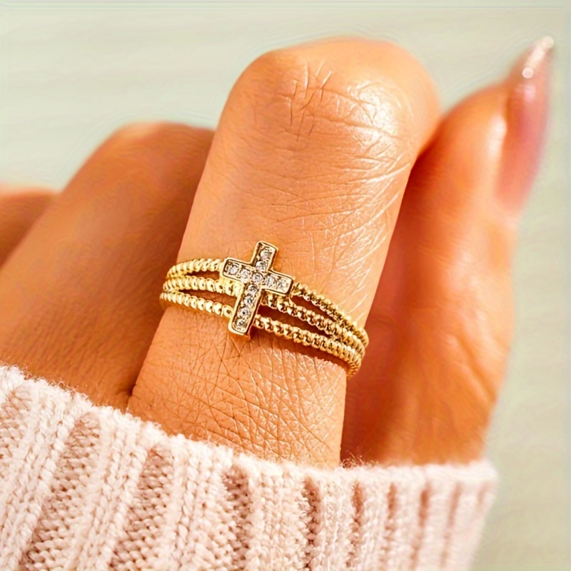 Adjustable Layer Cross Ring KC Golden Plated Synthetic Stone