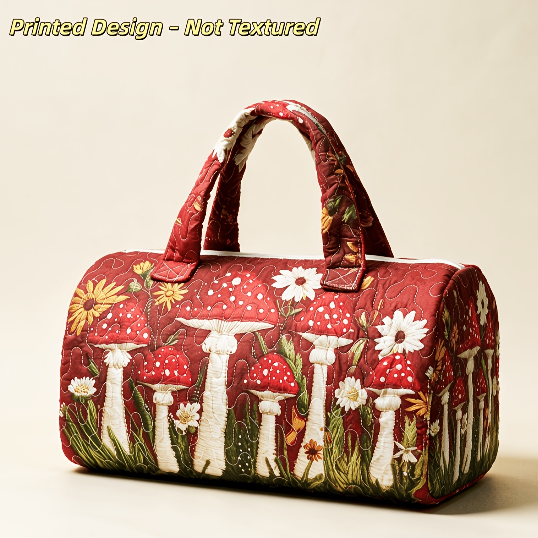TEMU Printed Design – Not Textured 1pc Fly Agaric Daisy Quilted Cylinder Travel Tote Bag, Wine Red Mushroom Print, Rustic , Suitable For Women, Large