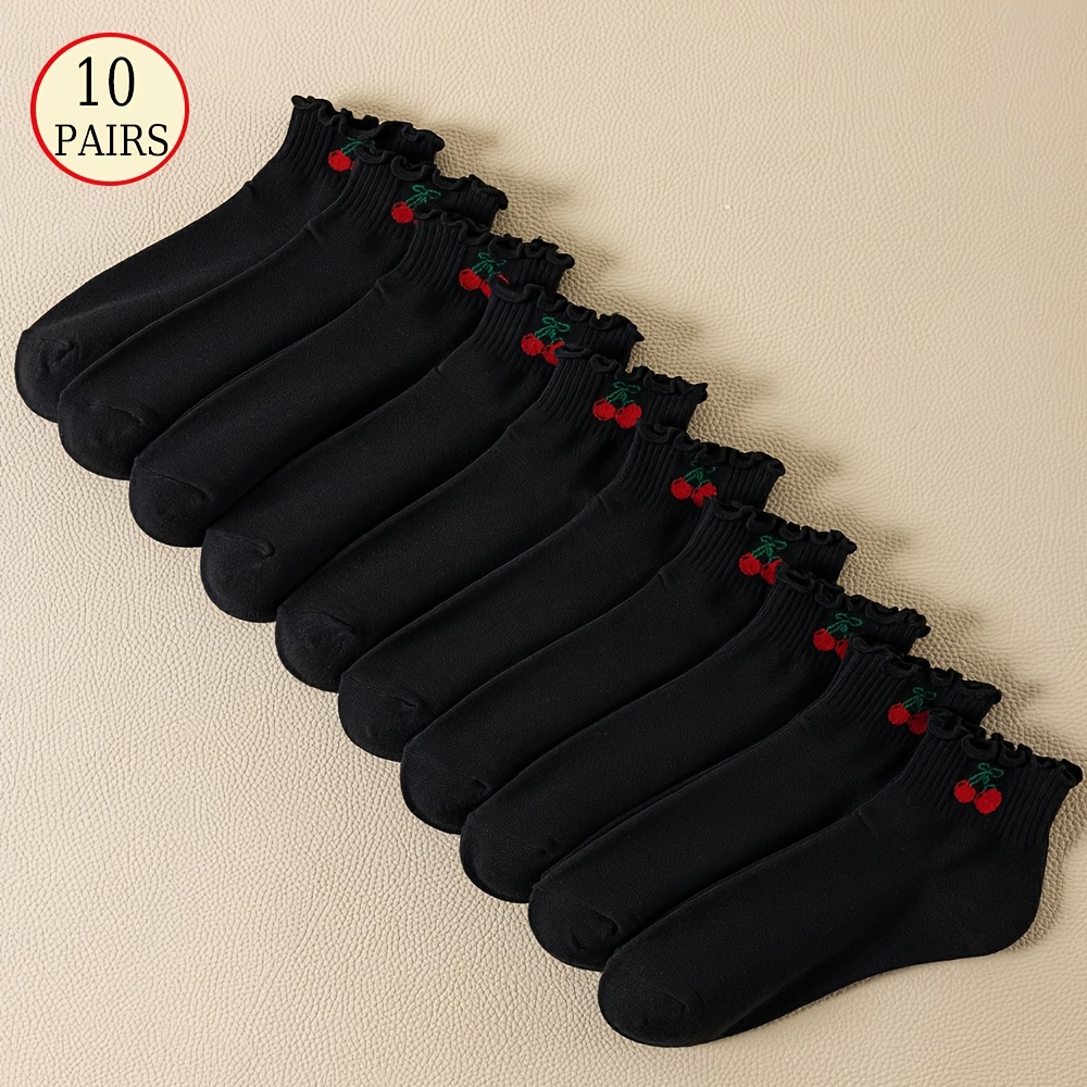 E-shop 10 Paar Schwarze Niedliche Kirschmuster Spitzenbesatz Kurze Socken, Lolita Stil Socken, Geeignet für Tägliche Freizeitkleidung, für Alle