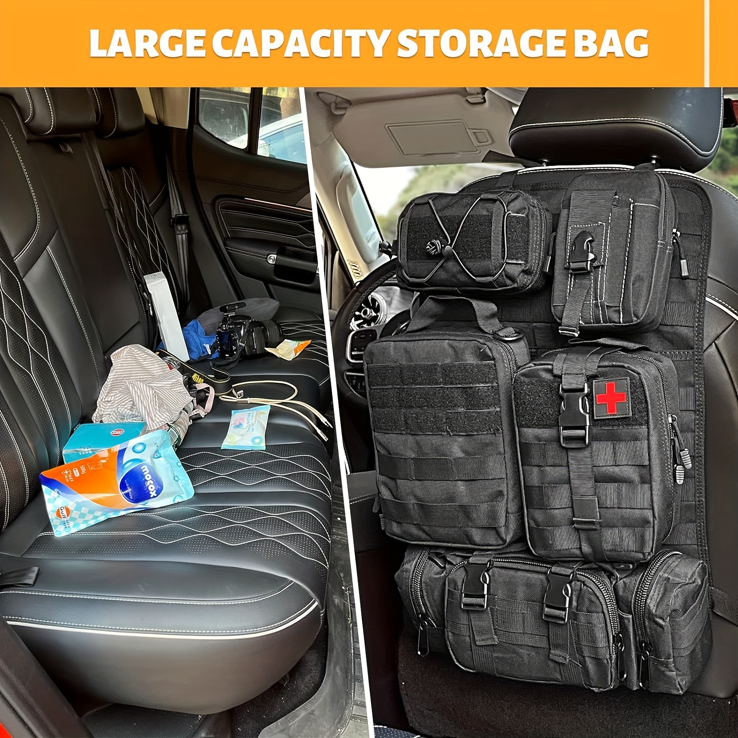 Organizer Auto Tattico MOLLE Da Sedile Posteriore - Borsa Portaoggetti Universale In Nylon 900D, 6 Tasche, 59x46x3 Cm, Per Auto SUV Jeep