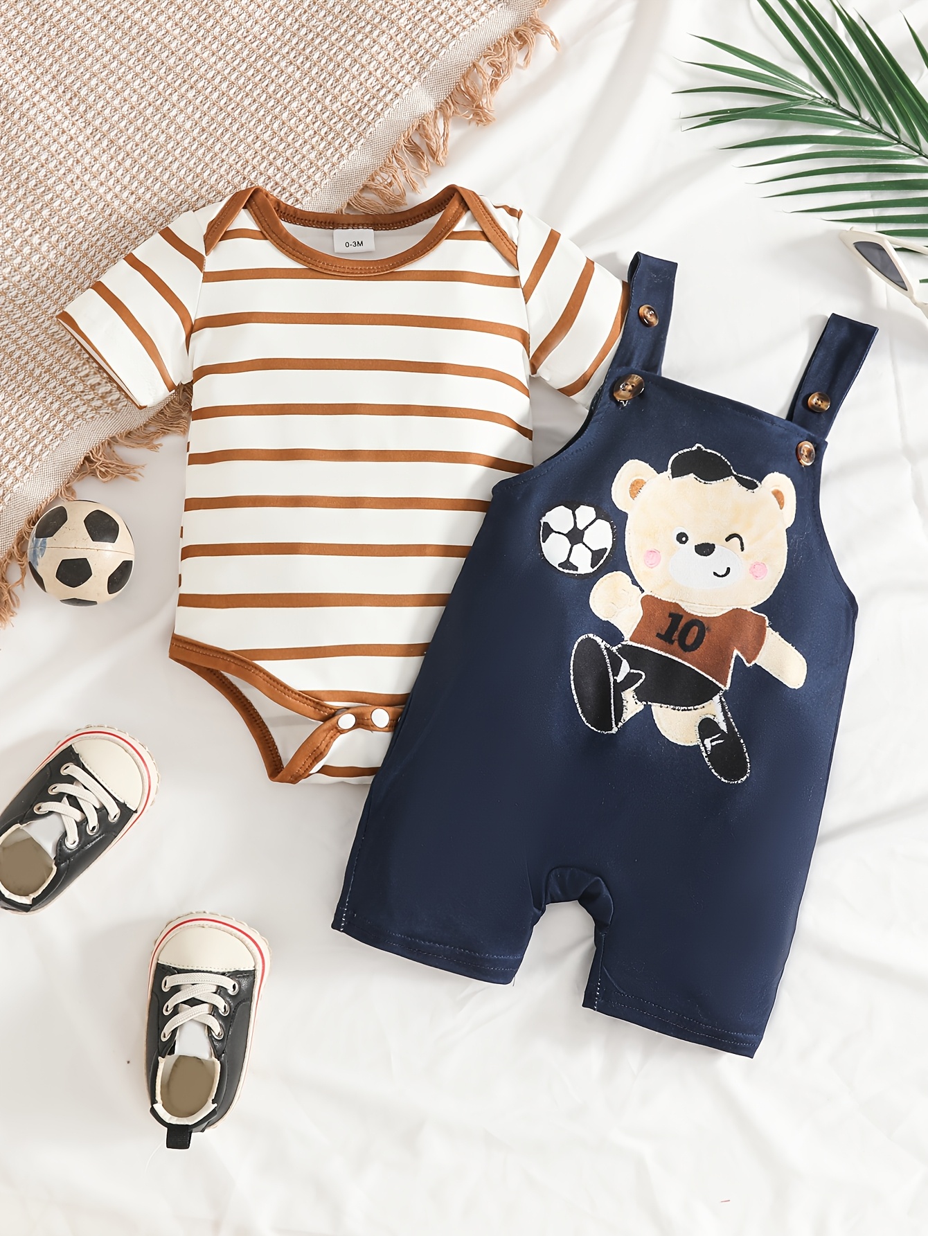 Short-sleeve Striped Triangle Romper with Cute Cartoon Overalls Set, Perfect for Outdoor
