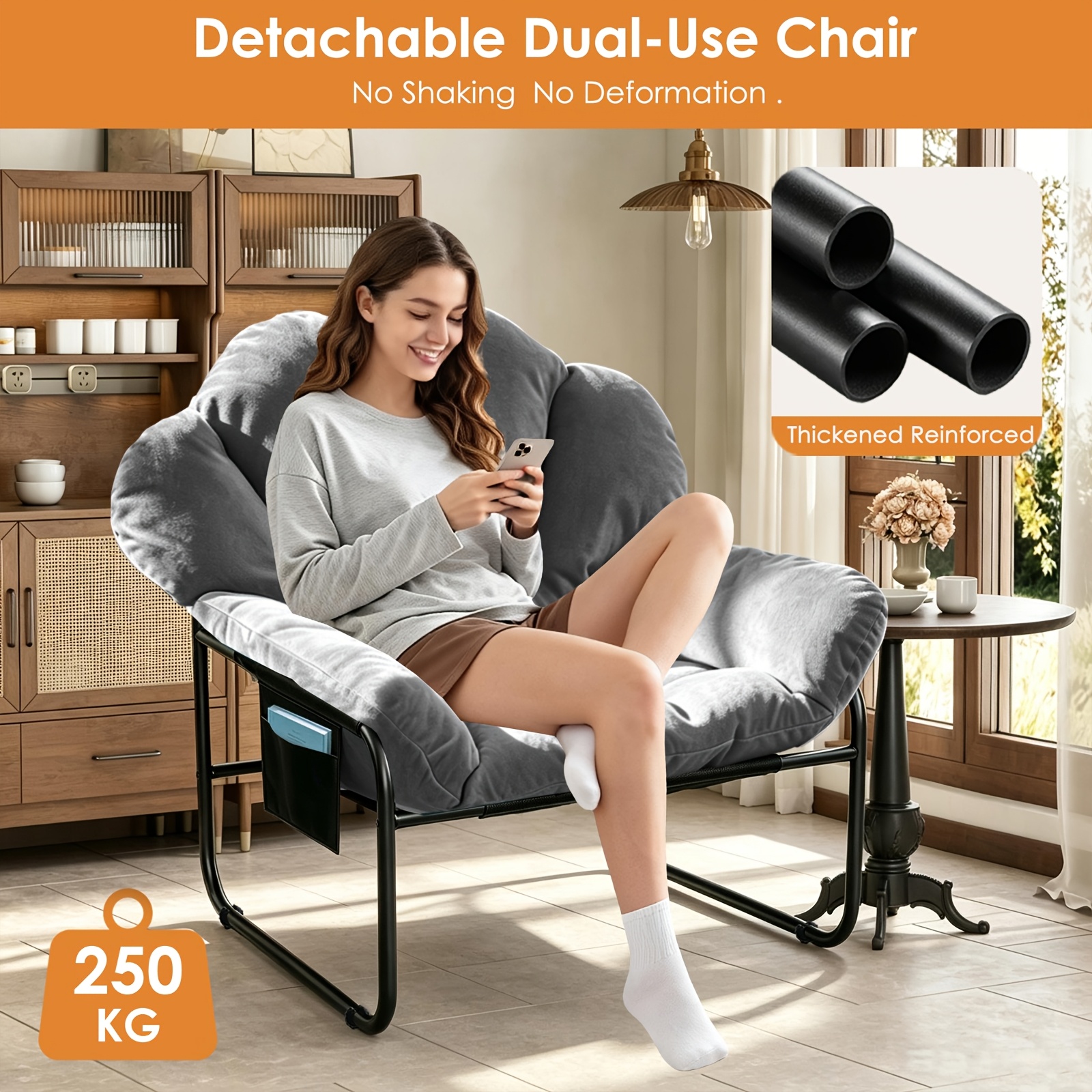 Image of Modern Lounge Chair For Living Room, With Thick Padded Cushion And Metal Frame, In Blue And Gray, For Indoor And Outdoor Use, Living Room, Backyard, Porch, Lawn, Perfect For