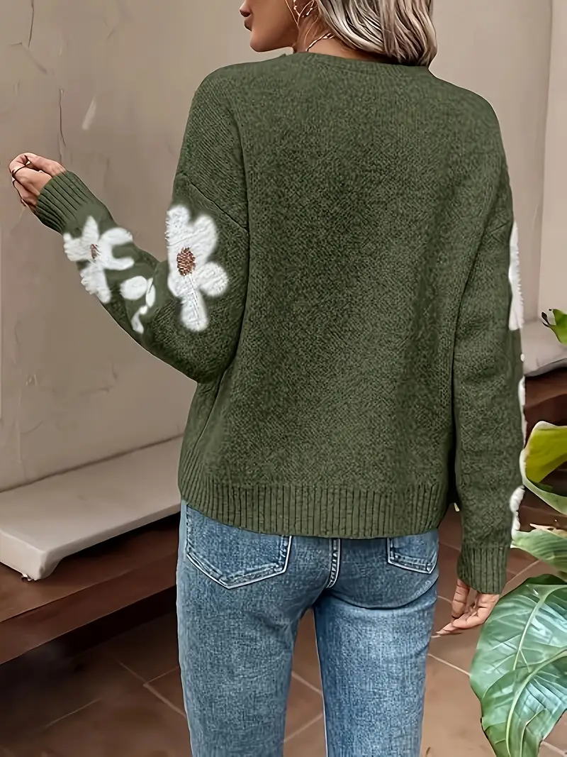 floral patterned crew neck knit sweater elegant and chic polyester blend knit fabric 359 g m Product details 7