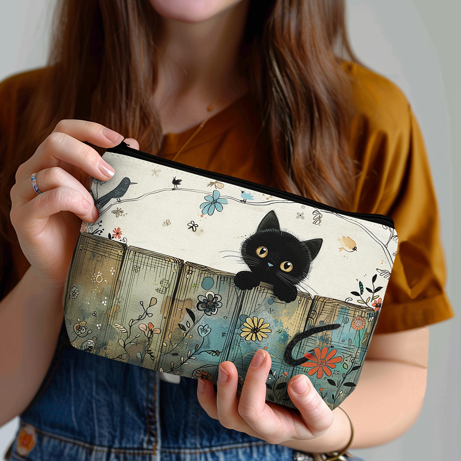 

Chic Vintage Cat Design Canvas Makeup Bag - Lightweight, Zippered Cosmetic Pouch For Travel & Gifts