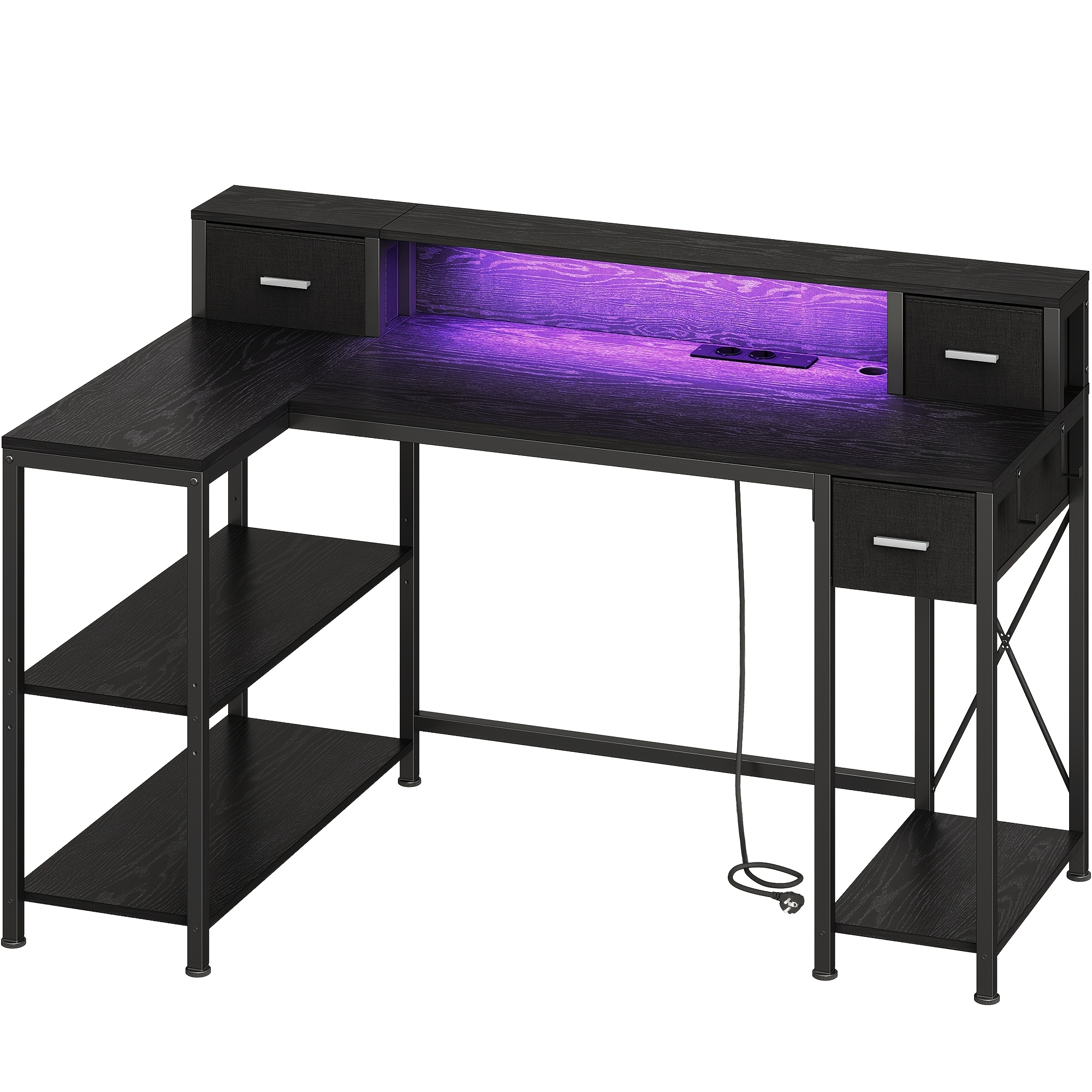 Desk, Computer Desk, L-shaped Gaming Desk With Led Lighting And 2 Ac + Usb Ports, 132 X 80cm, , For Home Office, Bedroom, Black