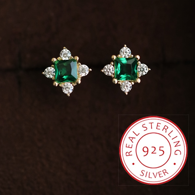 

1.9g/0.07oz S925 Sterling Silver Zircon Decor Stud Earrings Emerald Exquisite Court French Vintage Screw Ear Clog Mini Exquisite Earrings Jewelry