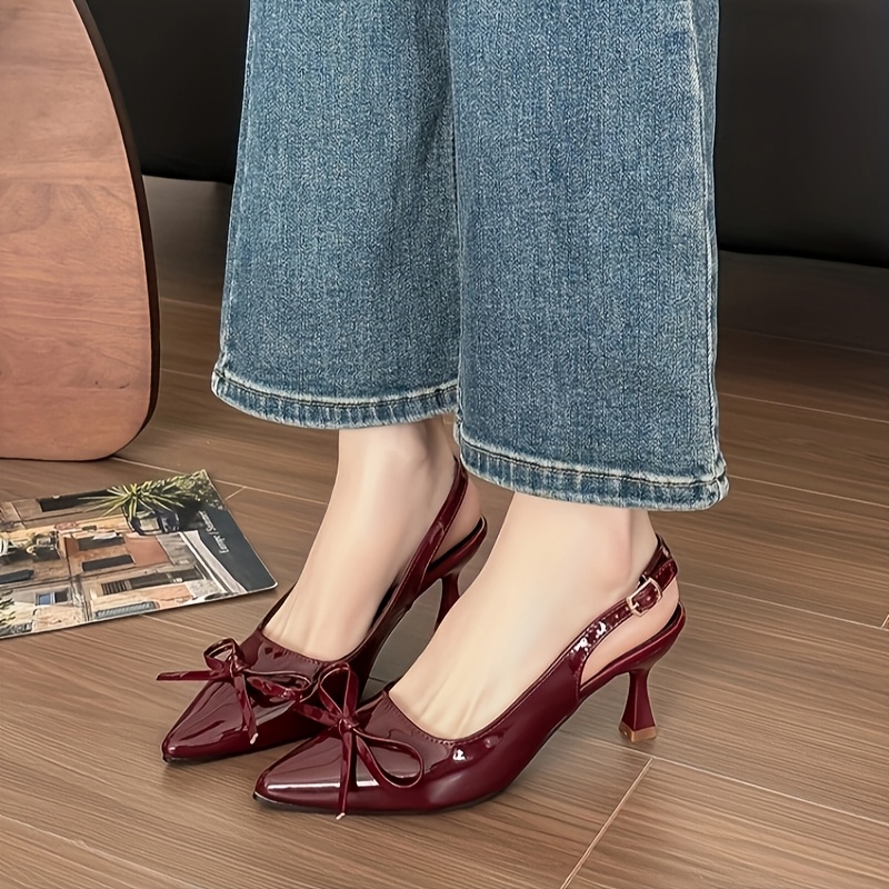 women's glossy red pointed toe stiletto heels with bow detail low block heel synthetic cover dress shoes for all seasons, versatile for casual & formal outfits, formal footwear, sleek shoe design, durable rubber sole