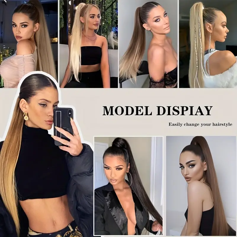 55.88cm long straight synthetic clip-in ponytail extension for women - soft rubber band, natural look, easy to style, everyday or special occasions, ponytail hair extensions details 5
