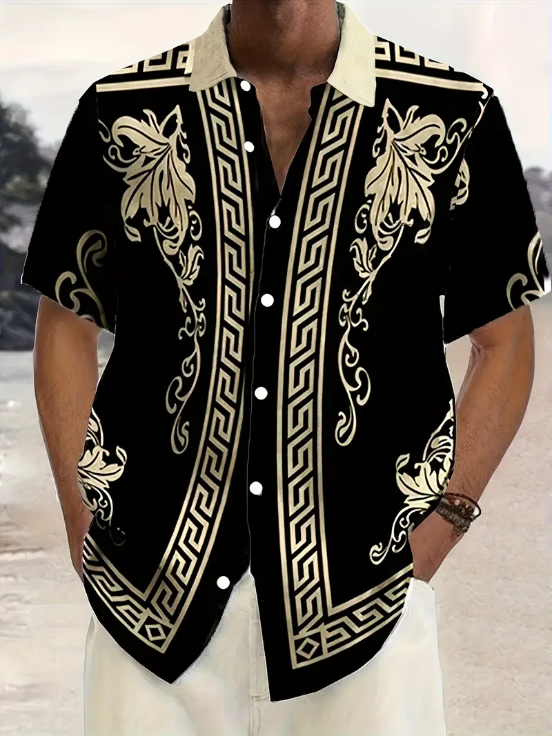 mens vintage design flower and geometric jacquard print short sleeve button up lapel shirt hawaiian fashion tops for summer street casual and holiday wear details 0