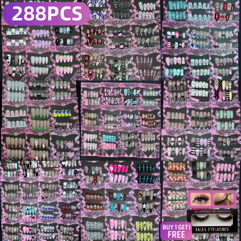 TEMU A Collection Of 288 Assorted Nail Art Pieces In Different Lengths And Shapes, Featuring Medium, Long, Short, Square, Almond, Ballet, Round, Oval, French, Gothic, Gradient