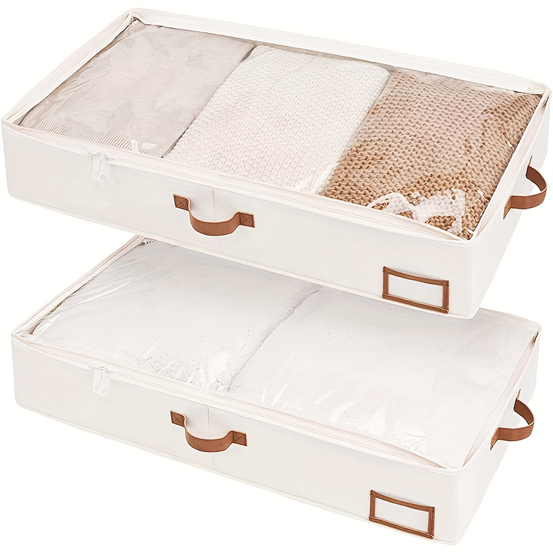 Temu: 2pcs Heavy Duty Fabric Under Bed Storage Bins With Lid Brown Closure Foldable Stackable Organizer Boxes For Clothes Shoes Blankets Bed S Pet Supplies Space Saving White Beige Rectangular Containers For