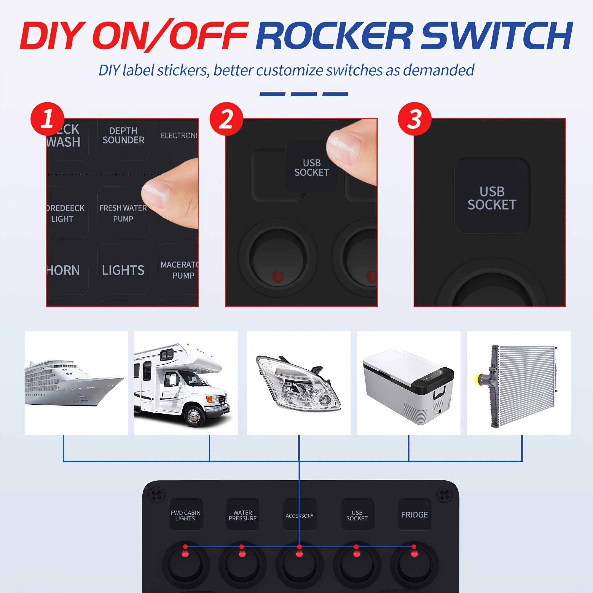 5 Gang Rocker Switch Panel Marine Switch Panel with USB Socket
