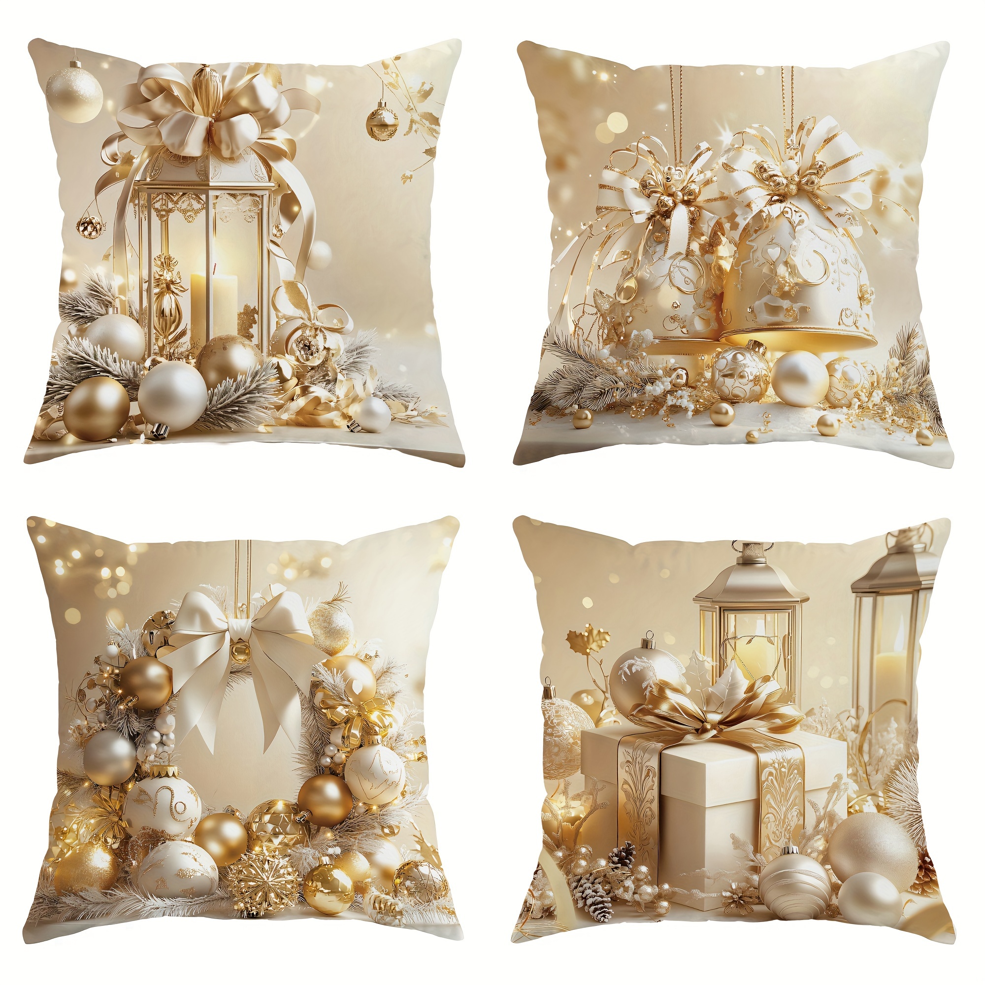 

Ensemble de 4 Housses de Coussin en Velours Doré de Luxe - Décoration de Noël avec de Couronne, Cloche & Boule - Douces et Confortables 18x18 Pouces pour Salon et Chambre - Lavables en Machine