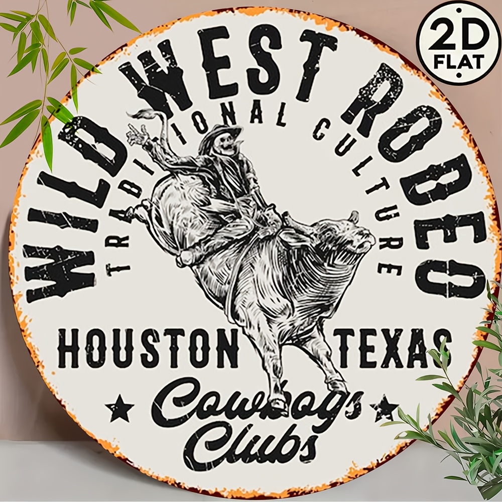 TEMU 2d Flat, Decorative Signs & Plaques A Two-dimensional Flat, "houston Club", Round 8-inch Metal Logo, Wild Charm Of Rodeo, Suitable For Home And