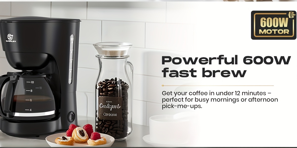 SUPERLEX 1.25L Drip Coffee Maker (10 Cups) 600W | Anti-Drip Auto Shut-Off | 40-Min Keep Warm (70°C or Higher) | Boil-Dry Protection | Dishwasher-Safe Glass Carafe