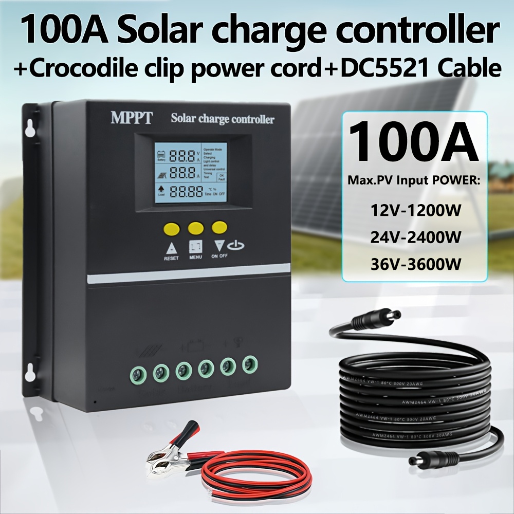 item picture upgrade 100a mppt solar controller compatible with 12v 24v 36v storage batteries with 2 usb ports and   output ports suitable for off grid   power supply rvs ships solar street lights etc controller two portable power cords