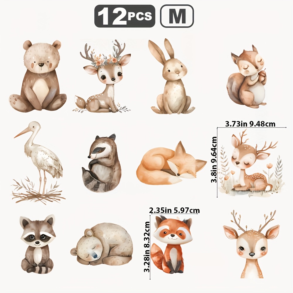E-shop 12 Stk. Böhmischer Waldlandschaft-Stil, niedliche Waldtiere, Baby-Tiere, Waldkinderzimmer, Waldtiere DIY-Aufkleber, geeignet für Kleidung,