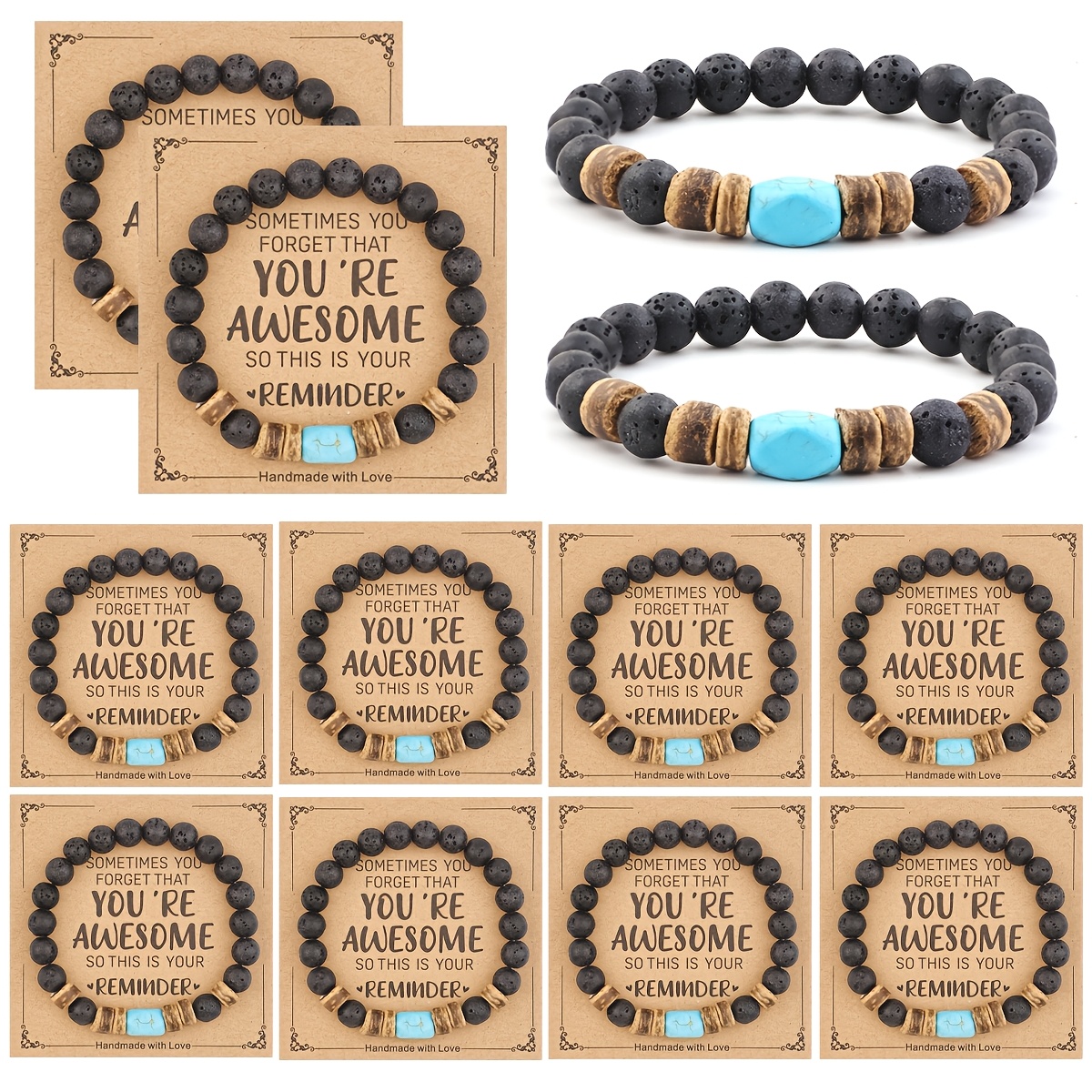 TEMU 12pcs - Easy Style Black Natural Stone Stretch Bracelet, Gift For Office Colleagues Birthday Gift Cheer Card, Gift For Mother's Day Father's Day