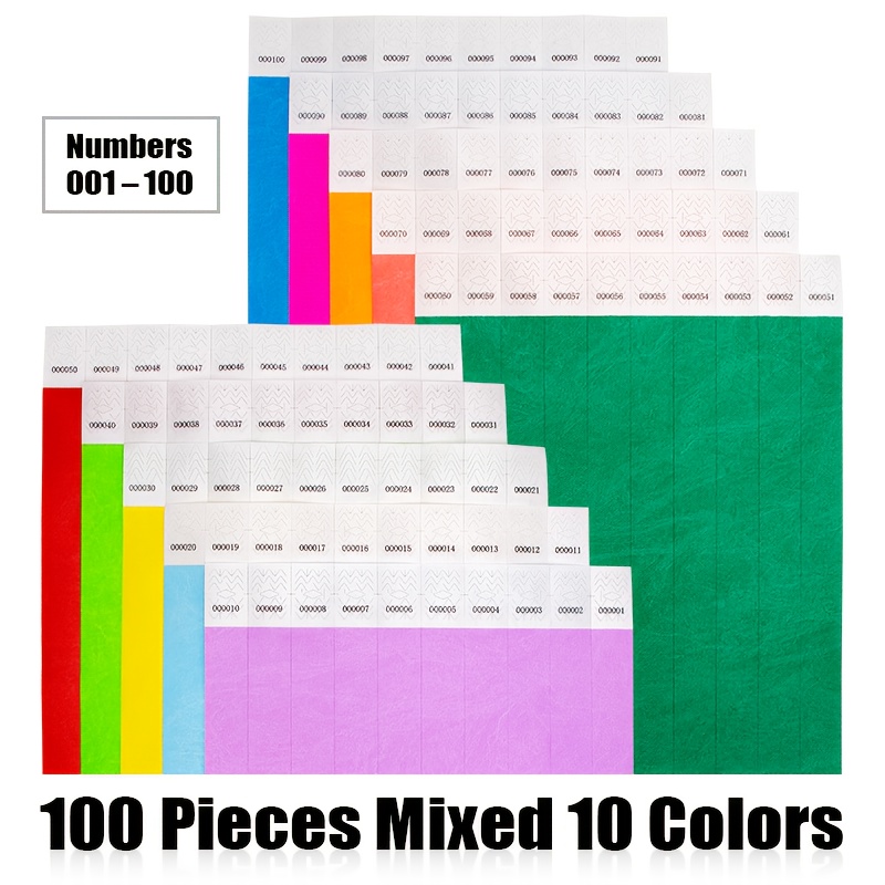 100pcs Mixed 10 Colors Numbers 001–100, Tear-resistant Waterproof Wristbands – Multicolor Party Paper Bracelets For Activity Tickets And Identification Bands