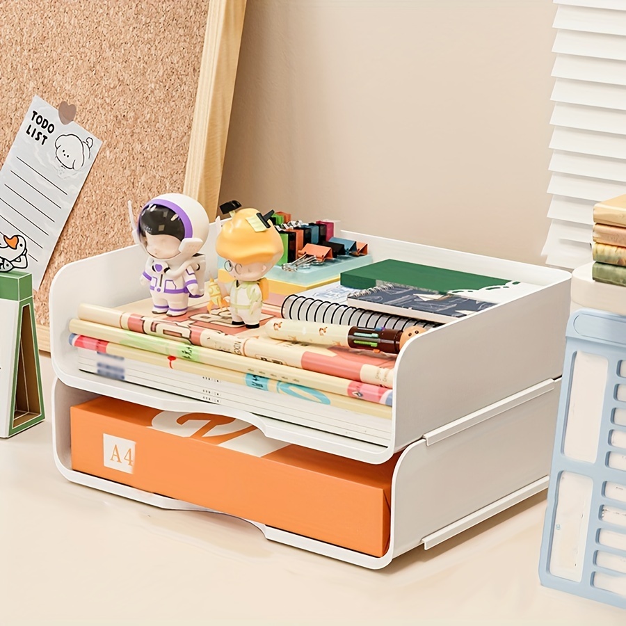 TEMU 2pcs Stackable Desktop Storage Boxes, File Organizers, Letter Trays, Miscellaneous Storage Bins, Suitable For A4 Paper, Books, Office Supplies,