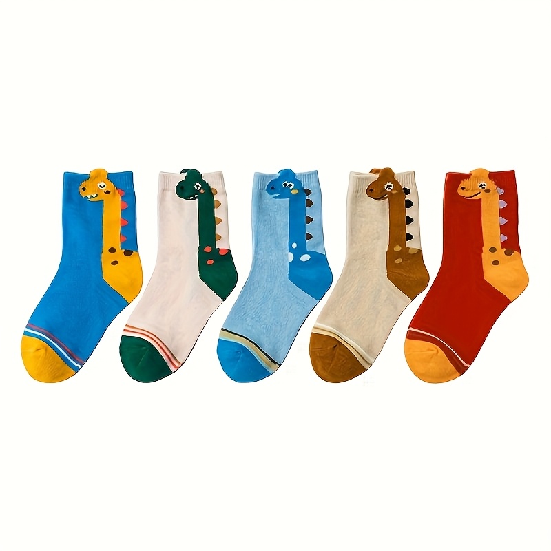 Image of 5 Colors/3 Pairs Random Kids Socks - Cute Cartoon Dinosaur Pattern, Breathable And Comfortable Mid-calf Boys' Socks, Dinosaur Socks, Children's Footwear, Whimsical Design, Durable Stitching