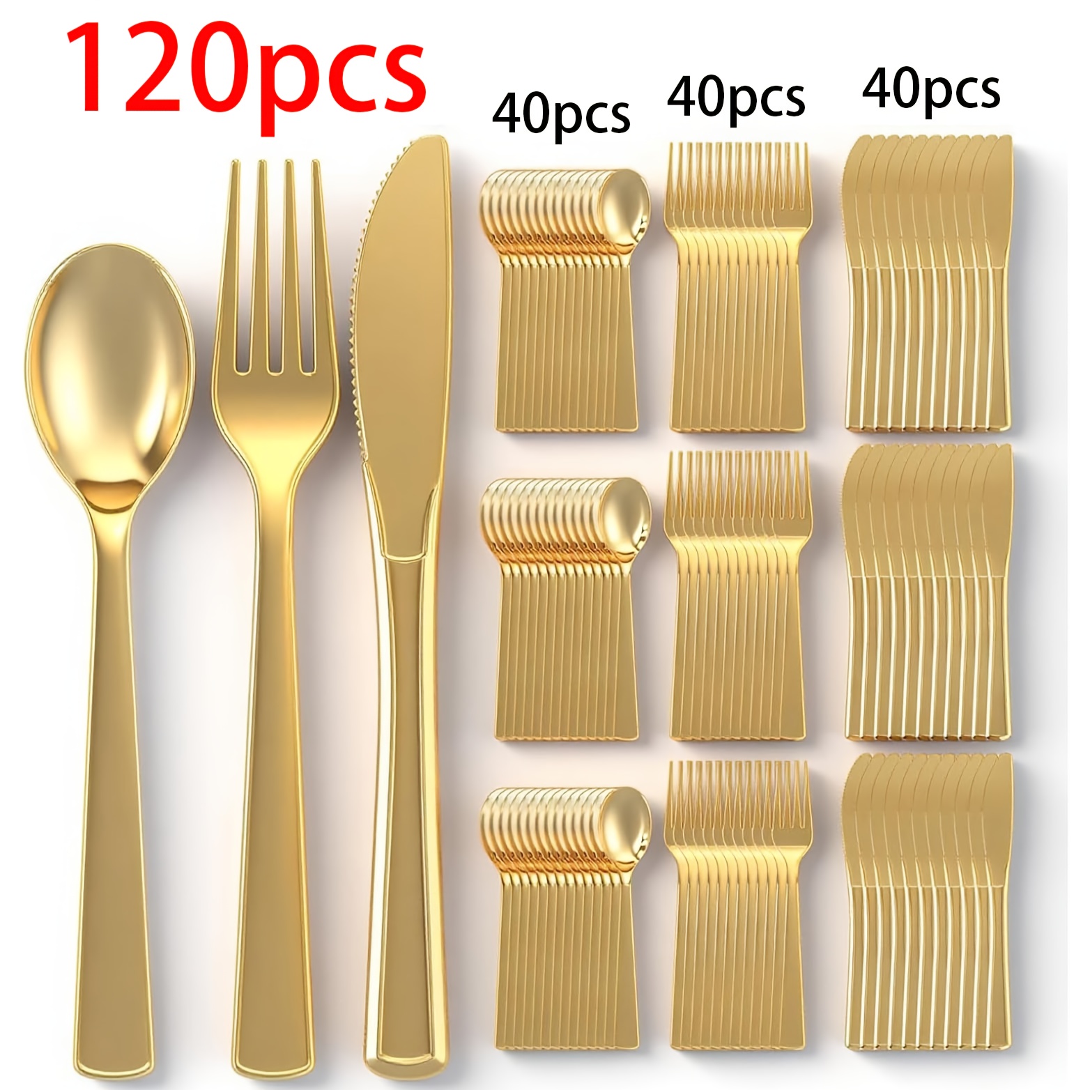 120-teiliges goldenes Plastikbesteck-Set mit Messer, Gabel und Löffel, hochwertiges Kunststoffbesteck wie Silberbesteck, leicht zu reinigen und wiederverwendbar * für Partys, Hochzeiten, Abendessen,