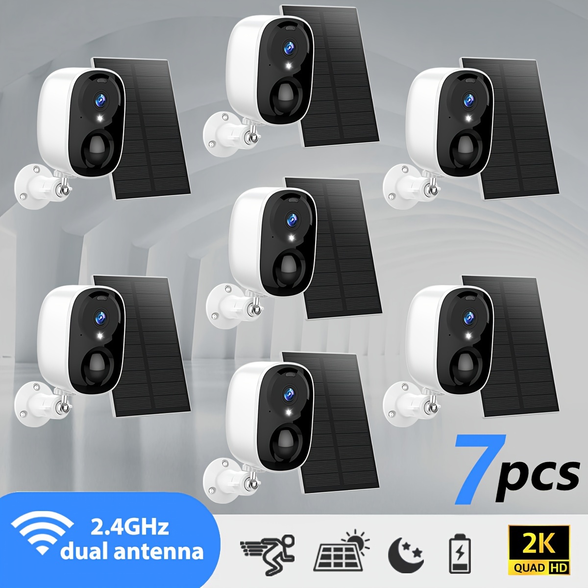 

7pcs Solar Powered 2k 3mp Wireless Outdoor - Detection, Voice Call, Color & Infrared Night Vision,, Battery Powered With Usb Dual Use, Lithium Battery