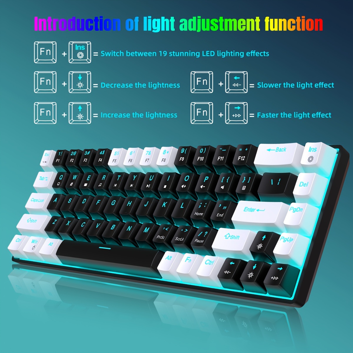 

Hxsj 68-key Usb-c Mechanical Keyboard - Ice Blue Light, Two-color Injection Molded Keycaps, Perfect For Gaming, Office & Home Use!