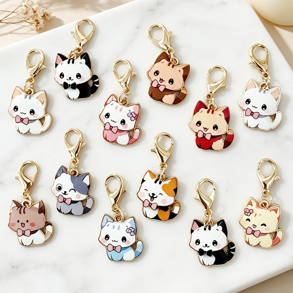 TEMU 12pcs Cats Keychain Random - Cute Alloy Metal Key Rings With Lobster Clasp, Ideal Birthday Gift For Women And Ladys, Multi-functional Bag Charm