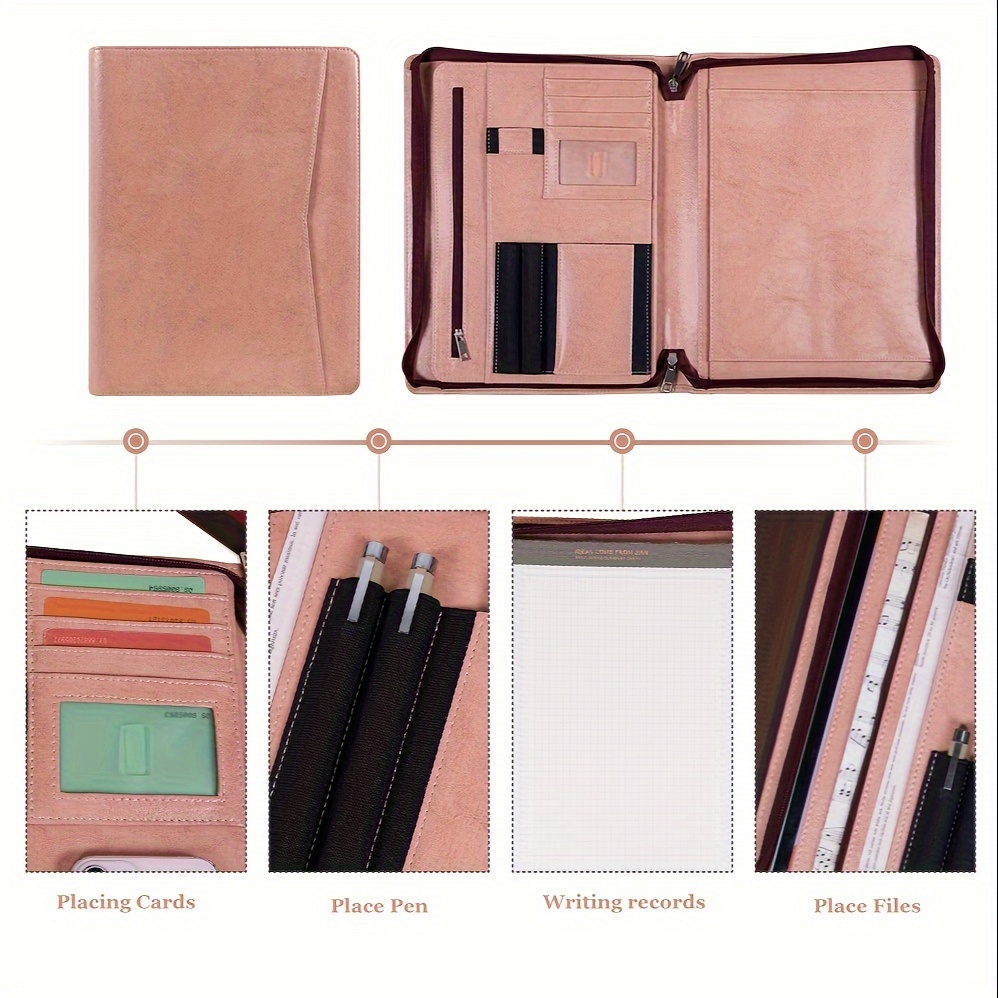 

1pc 13in Pink Leather Business Portfolio For Her, Women's Multifunctional Padfolio, Office File Storage, Manager Binder, Zippered Briefcase, Leather Tablet Bag, Corporate Gift