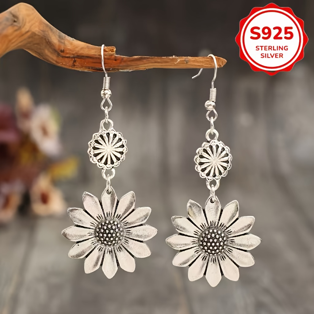 925 Silver Vintage Earrings with Sunflower Tassel Pendant