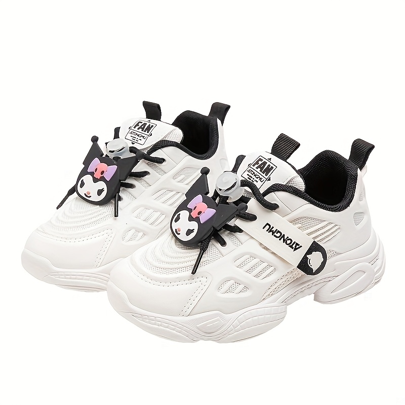 Girls Low-Top Sneakers with Cute Black Ears White Lace-Free Strap  Shoes, PU/Fabric Upper Rubber Sole Casual