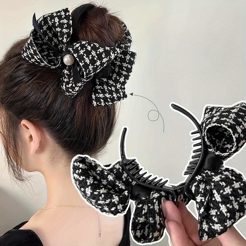 

1pc Chic Bow Hair Clip, French And White Pattern, Elegant Bun And Ponytail Hair Accessory, Fabric Hair Clip For Women