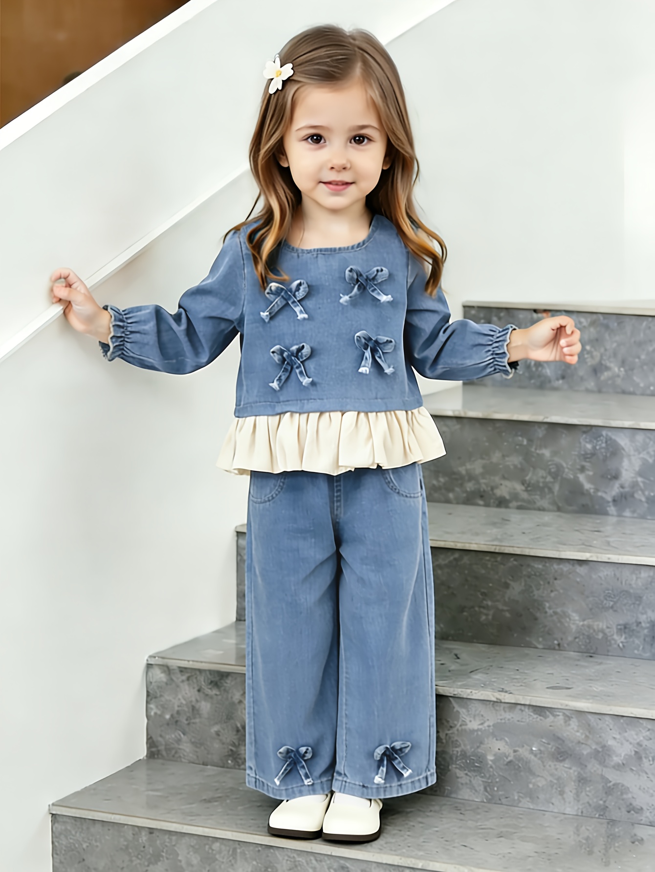 2pcs set for girls 0 3 years crew neck long sleeve denim top with ruffle and bow details casual denim pants comfortable soft durable fabric     for outdoor Product details 1