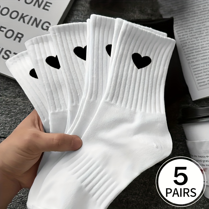 TEMU 5-pair Women's Thermal Winter Socks - Soft Breathable Slouch Sock Suitable For Sports & Casual Wear, Heart-patterned (), Machine Washable Warm