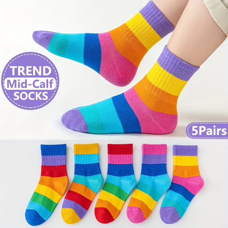 

5 Pairs Of Baby Girl's Rainbow Stripes Cotton Socks, Comfy Breathable Soft Crew Socks Unisex Children's Socks