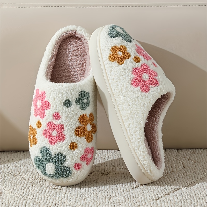 Image of Cozy Plush Slippers With Floral Embroidery - Soft Fabric Upper, Eva Sole, Comfortable Indoor , Hand Washable, Slippers | Floral Embroidered Slippers | Soft Fabric Slippers, Women Shoes